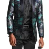 Slim Fit Floral Pattern Blazer Satin Shawl Collar With Bow Tie In Turquoise