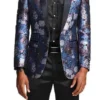 Slim Fit Floral Pattern Blazer Satin Shawl Collar With Bow Tie In Blue