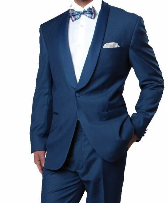 Blue Slim Fit Tuxedo With Satin Shawl Lapel 1 Button 1 Blue Slim Fit Tuxedo With Satin Shawl Lapel 1 Button