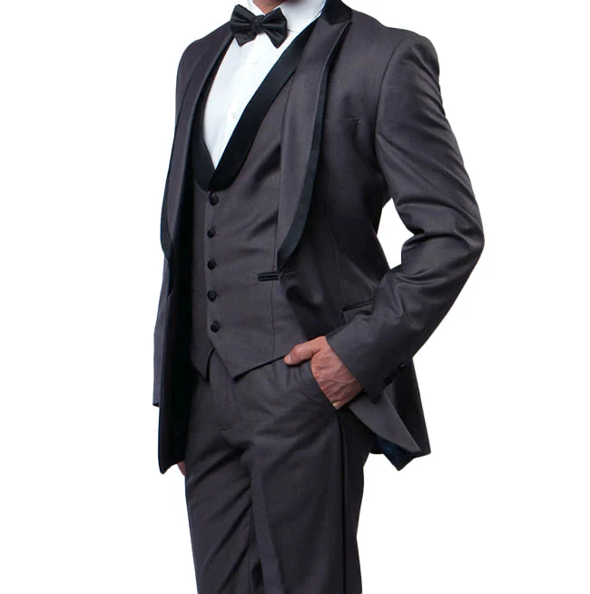 Gray Slim Fit Tuxedo 3 Piece With Satin Shawl Collar Vest 1 Gray Slim Fit Tuxedo 3 Piece With Satin Shawl Collar Vest