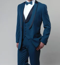 Blue Slim Fit Tuxedo 3 Piece With Satin Shawl Collar Vest
