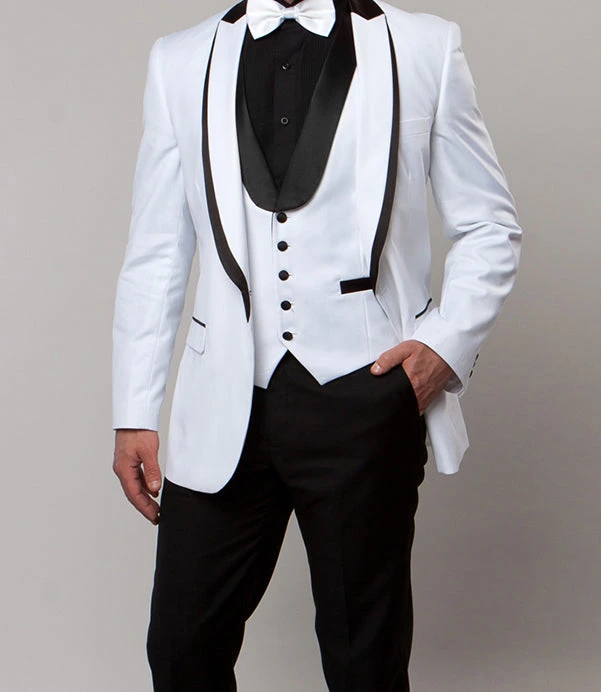 White Slim Fit Tuxedo 3 Piece With Satin Shawl Collar Vest 1 White Slim Fit Tuxedo 3 Piece With Satin Shawl Collar Vest
