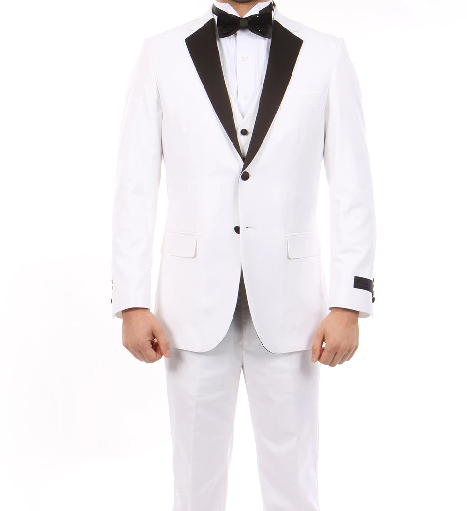 White Modern Fit Tuxedo 3 Piece With Black Lapel 6 Button Vest 2 White Modern Fit Tuxedo 3 Piece With Black Lapel 6 Button Vest - Image 2