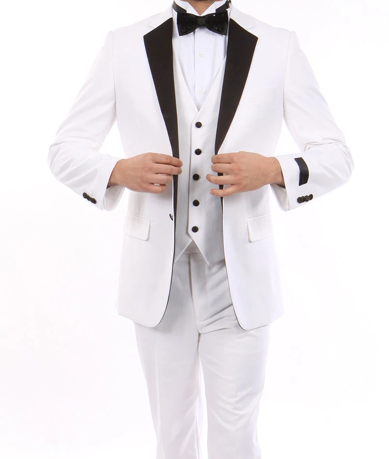 White Modern Fit Tuxedo 3 Piece With Black Lapel 6 Button Vest 1 White Modern Fit Tuxedo 3 Piece With Black Lapel 6 Button Vest
