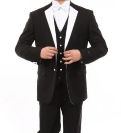 Black Modern Fit Tuxedo 3 Piece With White Lapel 6 Button Vest
