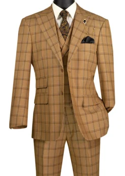 Tuscany Collection - Modern Fit Windowpane Suit 3 Piece In Camel