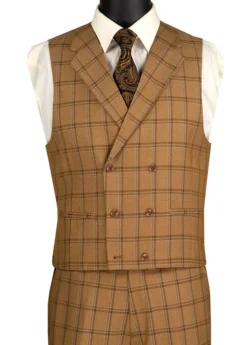 Tuscany Collection - Modern Fit Windowpane Suit 3 Piece In Camel 5 Tuscany Collection - Modern Fit Windowpane Suit 3 Piece In Camel -Gentri Store MV2W 2 CAMEL VEST