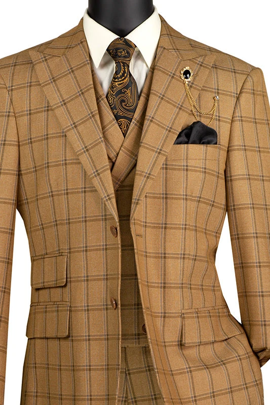 Tuscany Collection - Modern Fit Windowpane Suit 3 Piece In Camel 2 Tuscany Collection - Modern Fit Windowpane Suit 3 Piece In Camel - Image 2