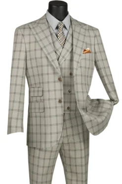 Tuscany Collection - Modern Fit Windowpane Suit 3 Piece In Putty