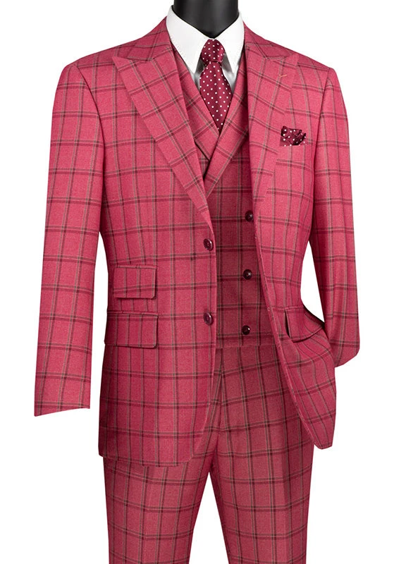 Tuscany Collection - Modern Fit Windowpane Suit 3 Piece In Raspberry 1 Tuscany Collection - Modern Fit Windowpane Suit 3 Piece In Raspberry
