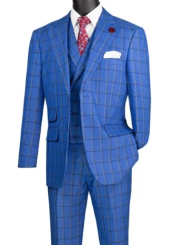 Tuscany Collection - Modern Fit Windowpane Suit 3 Piece In Royal Blue