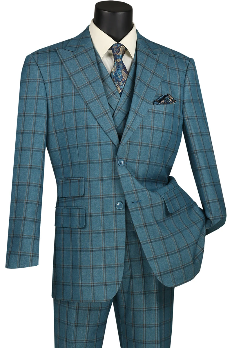 Tuscany Collection - Modern Fit Windowpane Suit 3 Piece In Teal Blue 1 Tuscany Collection - Modern Fit Windowpane Suit 3 Piece In Teal Blue
