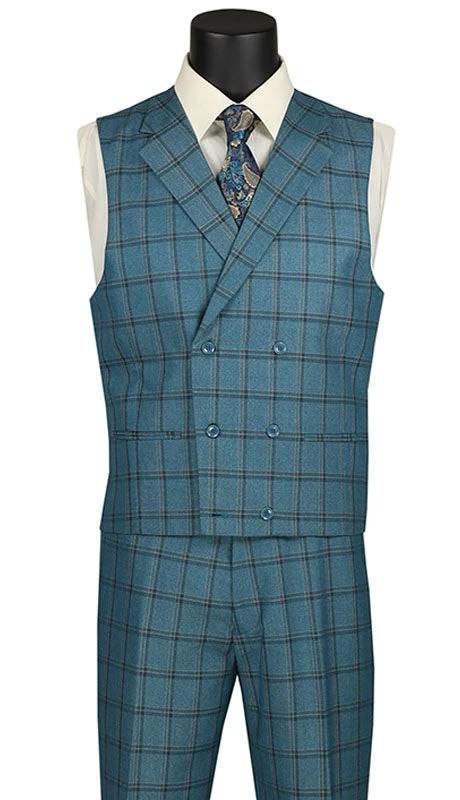 Tuscany Collection - Modern Fit Windowpane Suit 3 Piece In Teal Blue 2 Tuscany Collection - Modern Fit Windowpane Suit 3 Piece In Teal Blue - Image 2