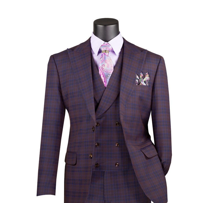 Purple Modern Fit Windowpane Peak Lapel 3 Piece Suit 1 Purple Modern Fit Windowpane Peak Lapel 3 Piece Suit