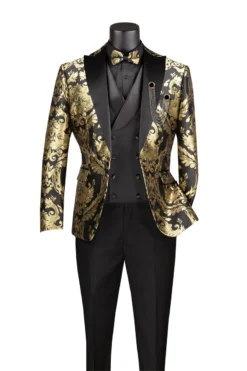 Black Gold Modern Fit 3 Piece Suit With Matching Bow Tie