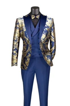 Navy Gold Modern Fit 3 Piece Suit With Matching Bow Tie