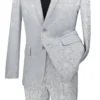 Silver Tone On Tone Paisley Pattern Slim Fit Men's 2 Piece Suit 2 Button