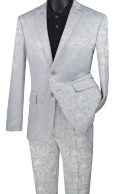 Silver Tone On Tone Paisley Pattern Slim Fit Men's 2 Piece Suit 2 Button
