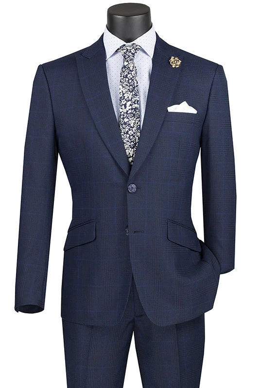 Slim Fit 2 Piece Suit Navy Glen Plaid Pattern Matching Pants 1 Slim Fit 2 Piece Suit Navy Glen Plaid Pattern Matching Pants