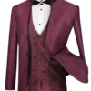 Bourbon Collection - Slim Fit 3 Piece Banded Collar Shiny Sharkskin Suit In Burgundy