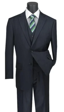 Sovana Collection - Regular Fit 3 Piece Suit 2 Button Tone On Tone Stripe In Navy