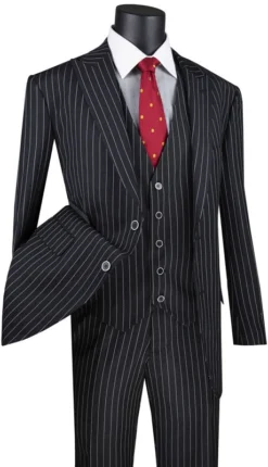 Odyssey Collection - Black Regular Fit 3 Piece Suit 2 Button Gangster Stripe