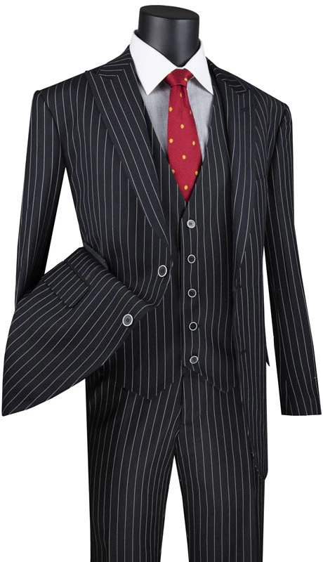 Odyssey Collection - Black Regular Fit 3 Piece Suit 2 Button Gangster Stripe 1 Odyssey Collection - Black Regular Fit 3 Piece Suit 2 Button Gangster Stripe