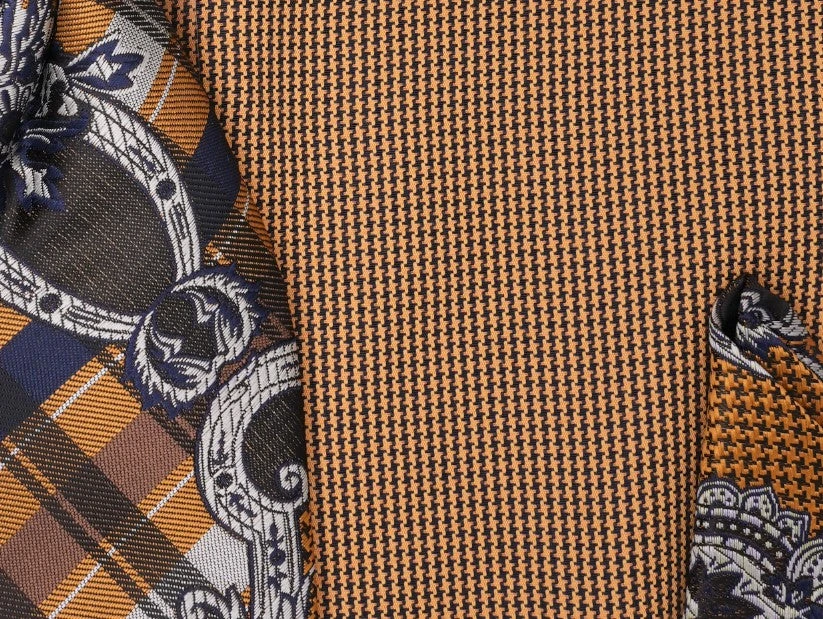 Black Mustard Mini-Houndstooth Dress Shirt Set With Tie And Handkerchief 2 Black Mustard Mini-Houndstooth Dress Shirt Set With Tie And Handkerchief - Image 2