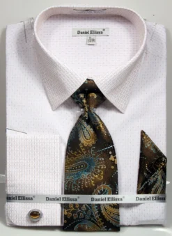 French Cuff Dress Shirt Regular Fit In White/Beige With Tie, Cuff Links And Pocket Square