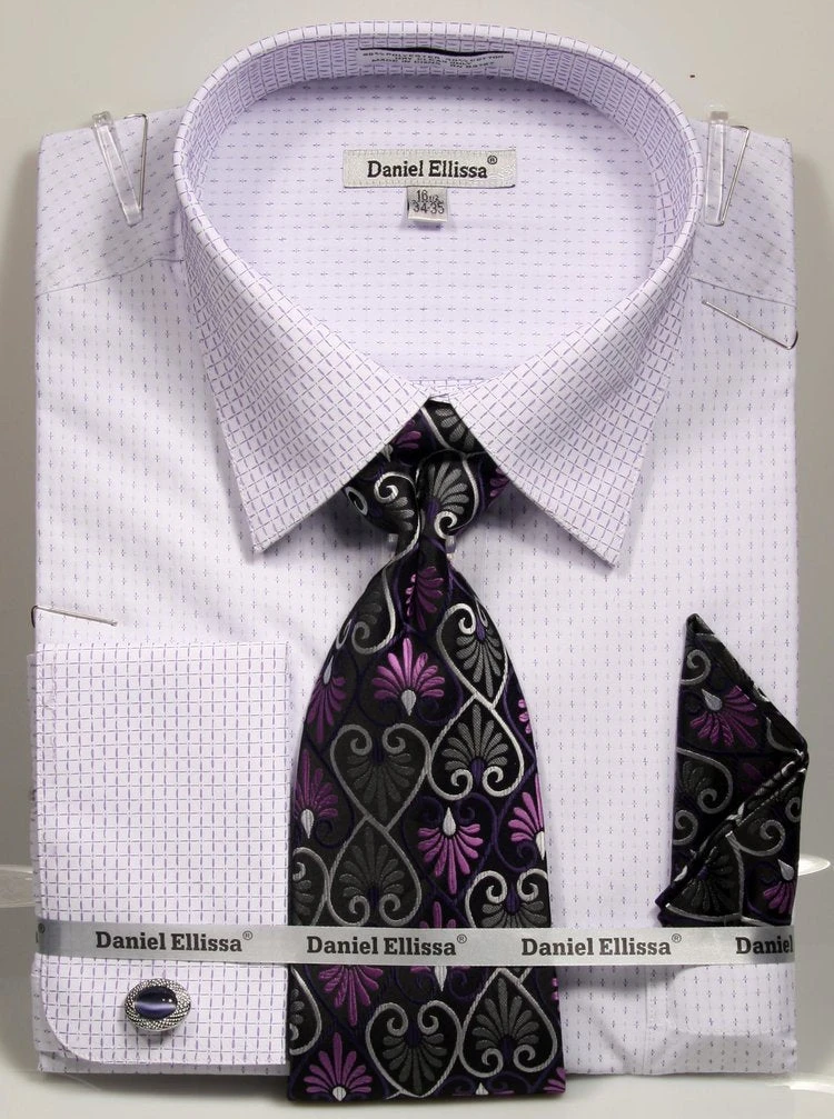 French Cuff Dress Shirt Regular Fit In White/Purple With Tie, Cuff Links And Pocket Square 1 French Cuff Dress Shirt Regular Fit In White/Purple With Tie, Cuff Links And Pocket Square