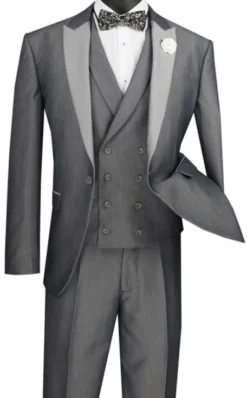 Silver Slim Fit 3 Piece Suit 1 Button With Double Breasted Vest