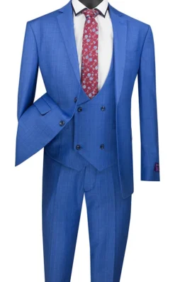 Slim Fit Suit 3 Piece With Double Breasted Vest Glen Plaid In Blue