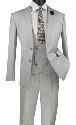 Slim Fit Suit 3 Piece With Double Breasted Vest Glen Plaid In Ice