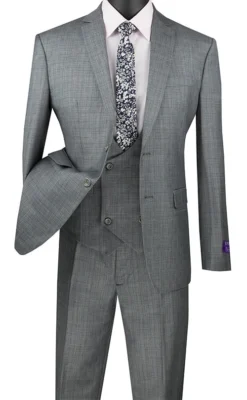Slim Fit Suit 3 Piece With Double Breasted Vest Glen Plaid In Medium Gray