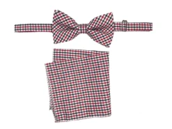 Men's Bowtie And Hanky Accessory Set In Red Navy Plaid