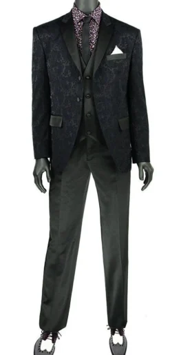 Slim Fit 3 Piece Tuxedo With Jacquard Pattern In Black