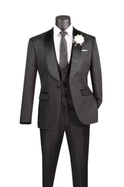 Slim Fit Tuxedo 3 Piece With Jacquard Pattern In Black