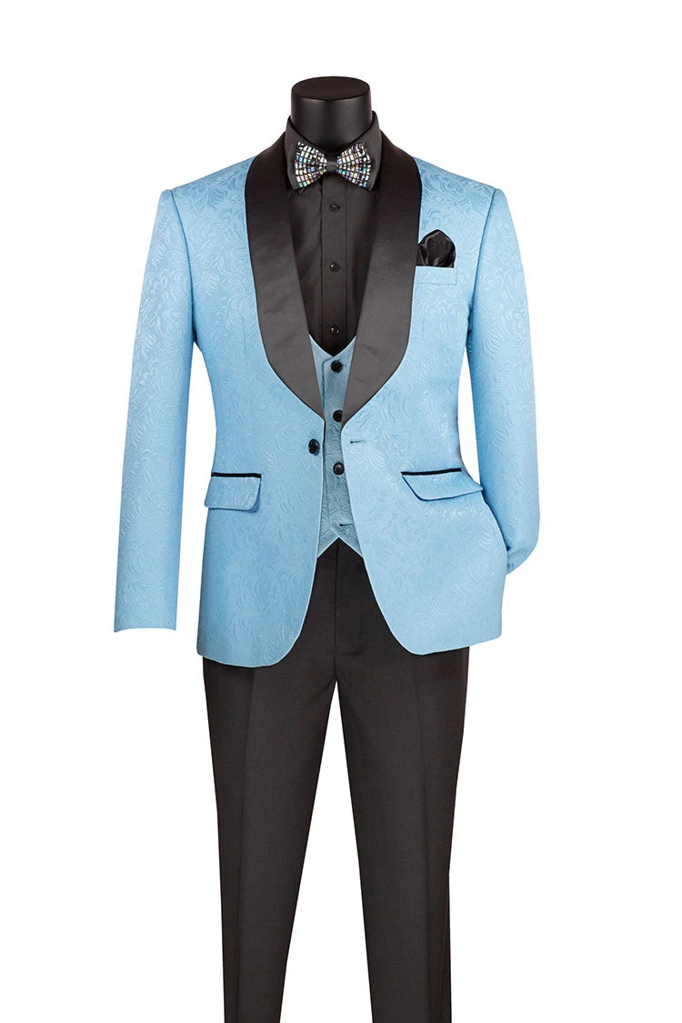 Slim Fit Tuxedo 3 Piece With Jacquard Pattern In Light Blue 1 Slim Fit Tuxedo 3 Piece With Jacquard Pattern In Light Blue