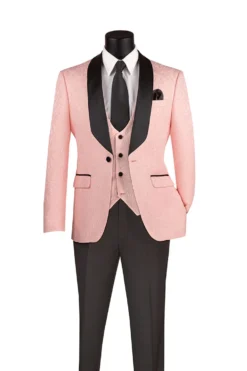 Slim Fit Tuxedo 3 Piece With Jacquard Pattern In Pink