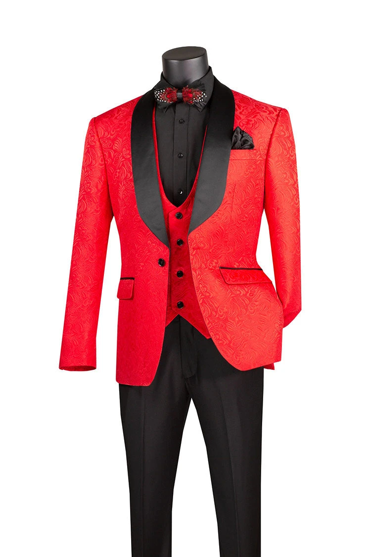 Slim Fit Tuxedo 3 Piece With Jacquard Pattern In Red 1 Slim Fit Tuxedo 3 Piece With Jacquard Pattern In Red