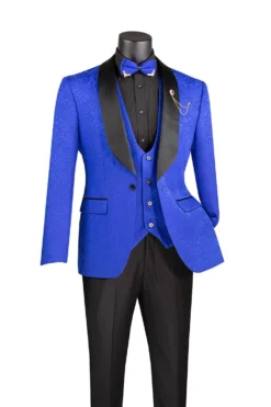 Slim Fit Tuxedo 3 Piece With Jacquard Pattern In Royal