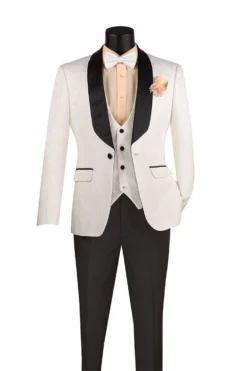 Slim Fit Tuxedo 3 Piece With Jacquard Pattern In White