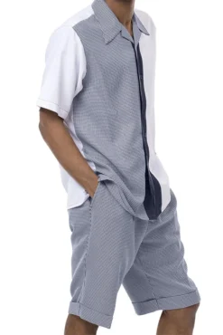 Navy Houndstooth 2 Piece Short Sleeve Walking Suit Set With Shorts