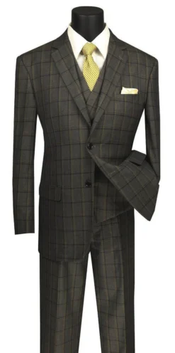 Atrani Collection - Regular Fit Windowpane Suit 3 Piece In Brownish Olive