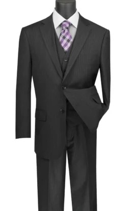 Sovana Collection - Regular Fit 3 Piece Suit 2 Button Tone On Tone Stripe In Black