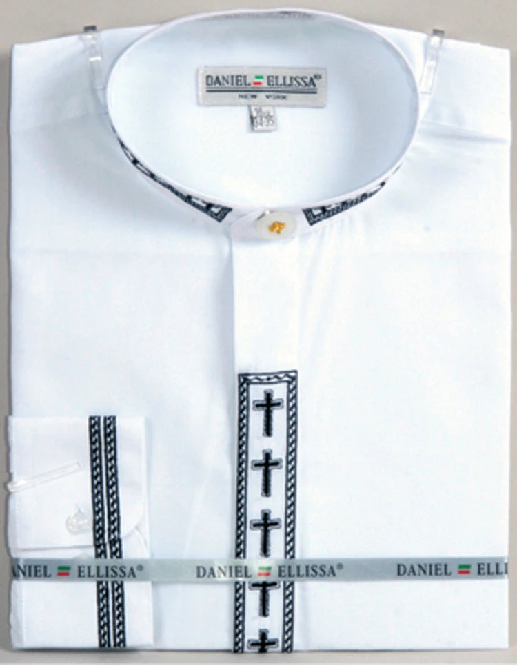 Men's Banded Collar Embroidered Shirt In White/Black 1 Men's Banded Collar Embroidered Shirt In White/Black