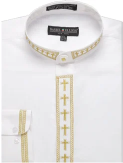 Men's Banded Collar Embroidered Shirt In White/Gold