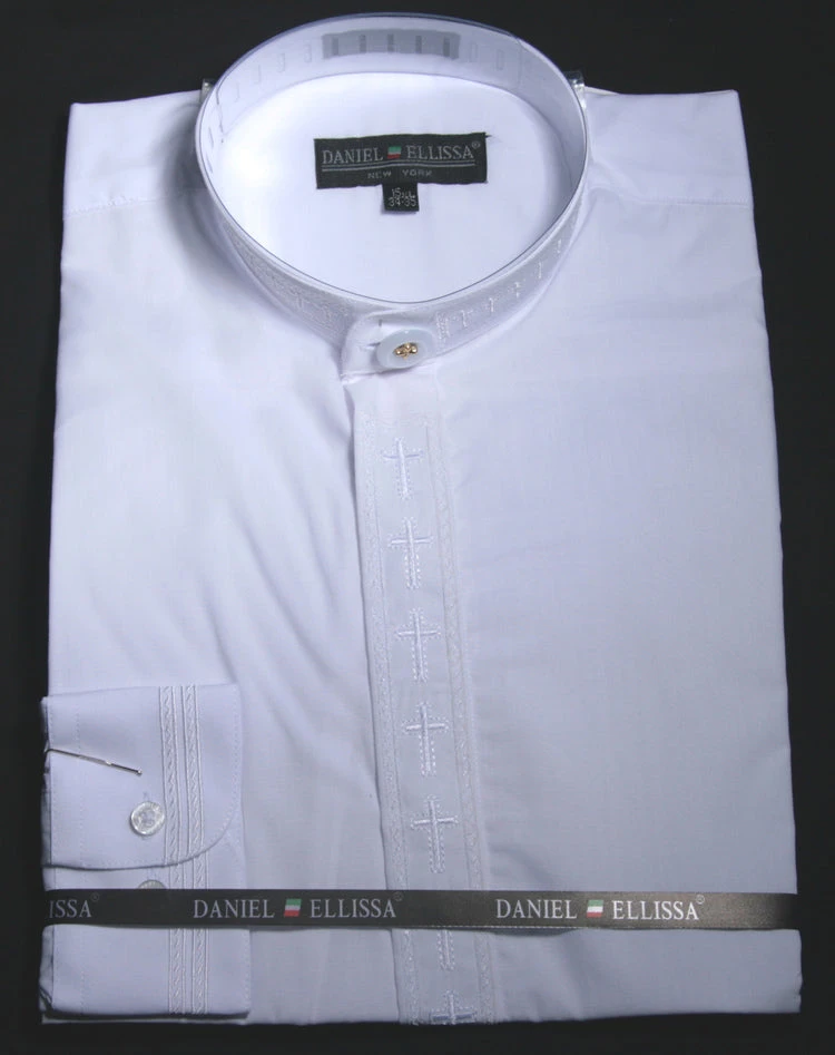 Men's Banded Collar Embroidered Shirt In White/White 1 Men's Banded Collar Embroidered Shirt In White/White