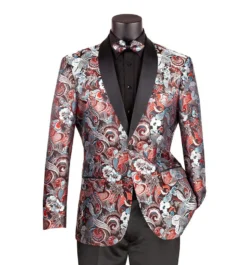 Burgundy Modern Fit Paisley Pattern Jacquard Fabric Jacket With Bow Tie