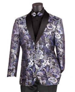 Navy Modern Fit Paisley Pattern Jacquard Fabric Jacket With Bow Tie
